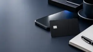Cartão de crédito genérico preto ao lado de celular e caderno de orçamento