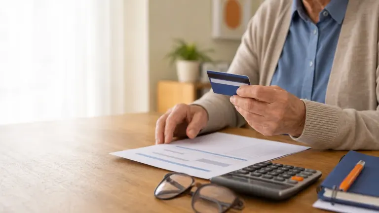 Pessoa idosa analisando orçamento com cartão genérico e calculadora