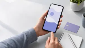 Pessoa usando celular ao lado de cartão de crédito genérico violeta