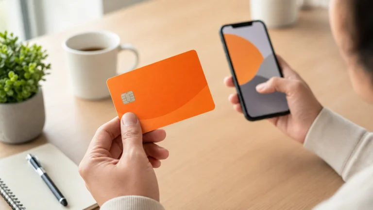 Pessoa segurando cartão laranja genérico enquanto utiliza o celular