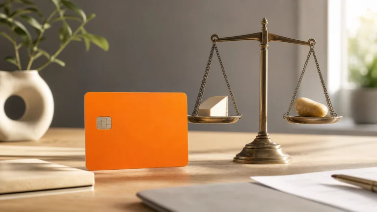 Cartão de crédito laranja genérico ao lado de uma balança de decisão