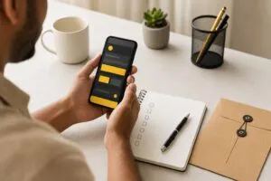 Celular e checklist para guia de solicitação do cartão PagBank