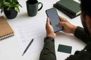 Celular e checklist para guia de solicitação do cartão RecargaPay