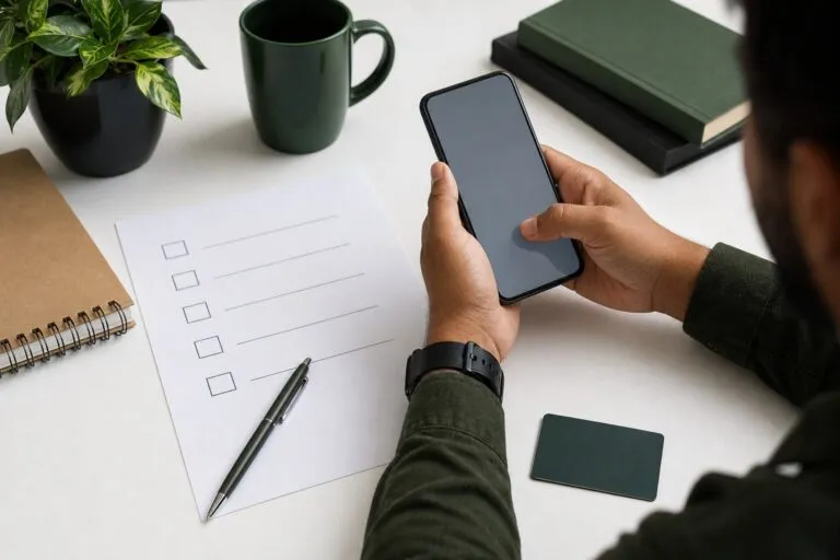 Celular e checklist para guia de solicitação do cartão RecargaPay
