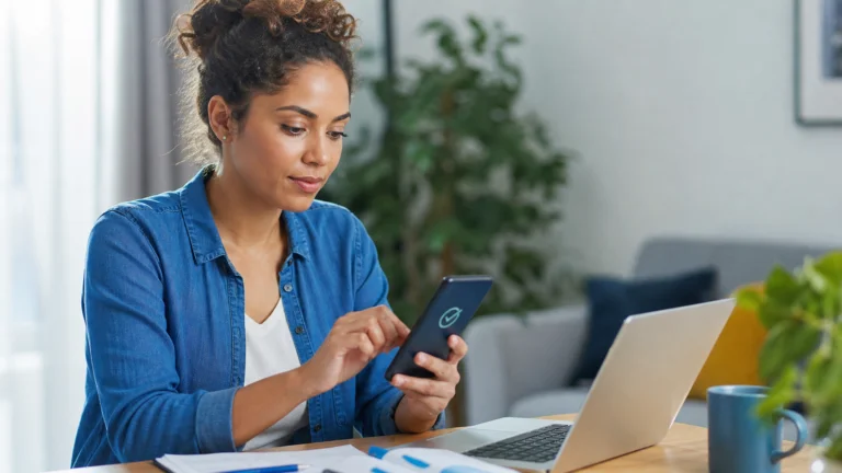 Trabalhadora consultando uma situação de benefício pelo celular
