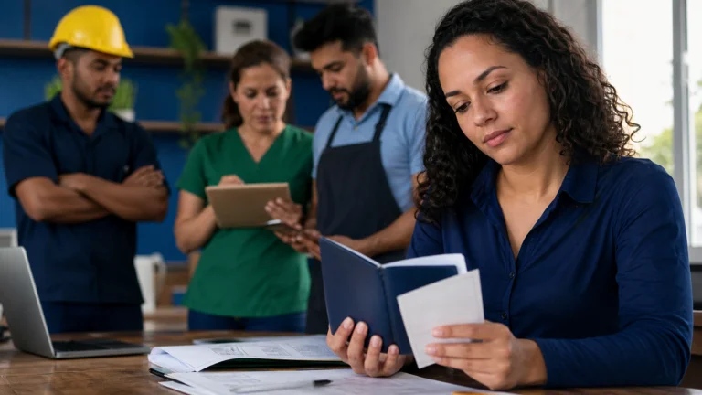 Trabalhadores conferindo documentos de vínculo profissional