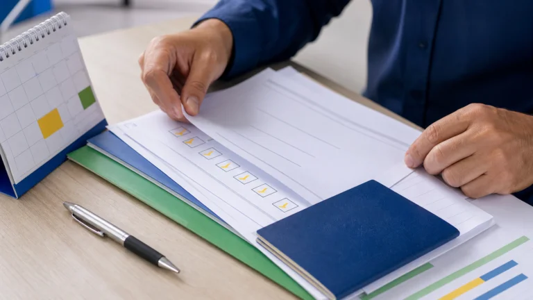 Pessoa conferindo documentos e requisitos trabalhistas em uma lista