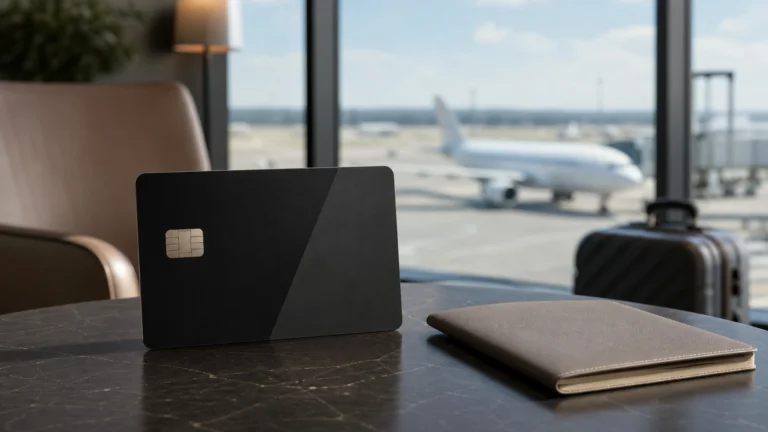 Cartão preto genérico em mesa de sala de aeroporto com avião ao fundo