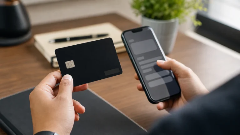 Pessoa segurando cartão preto genérico enquanto utiliza o celular