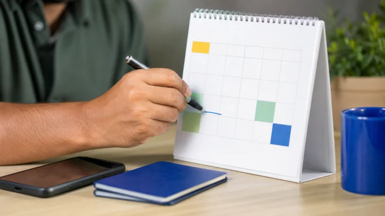 Pessoa organizando períodos de pagamento em um calendário de mesa