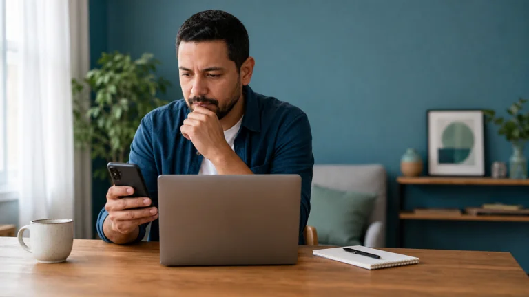 Pessoa comparando opções de empréstimo no celular e no computador