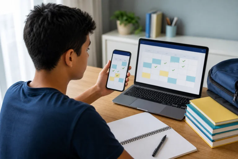 Estudante verificando calendário digital pelo celular e computador