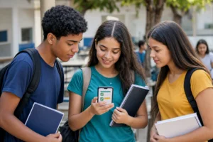 Grupo de estudantes conferindo informações de elegibilidade pelo celular