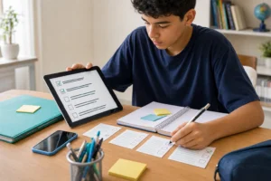 Estudante organizando uma lista de requisitos escolares