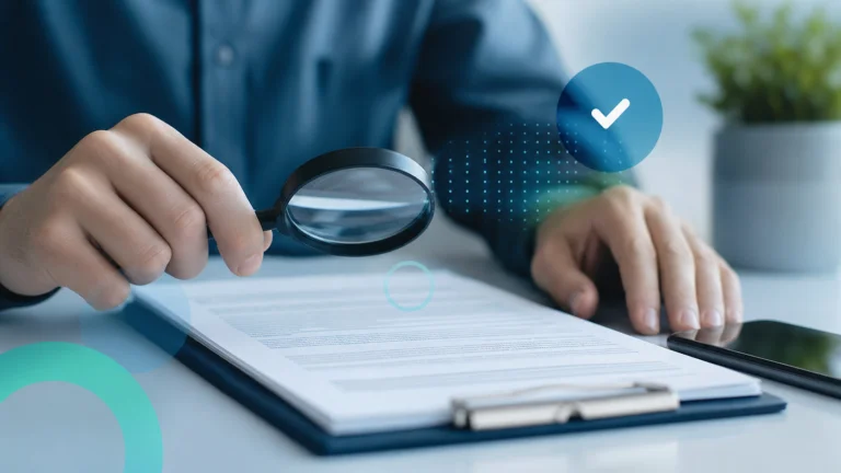 Pessoa examinando cuidadosamente um contrato financeiro com uma lupa