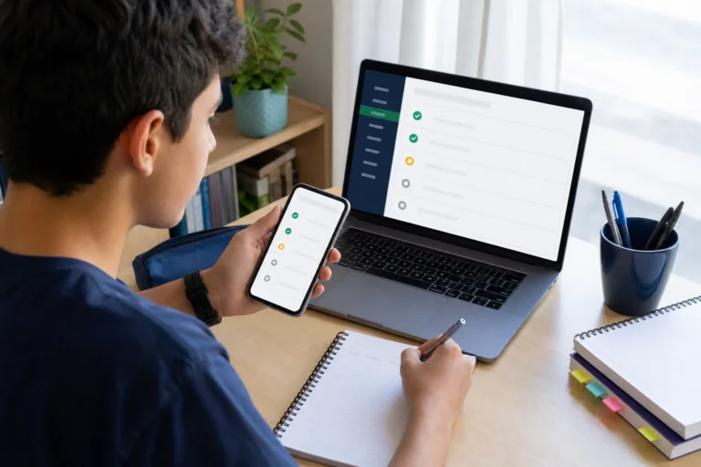 Estudante comparando informações de situação no celular e computador