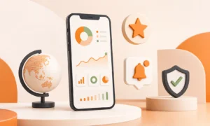 Ilustração de recursos financeiros digitais, benefícios, uso internacional e segurança, sem cartão ou marcas