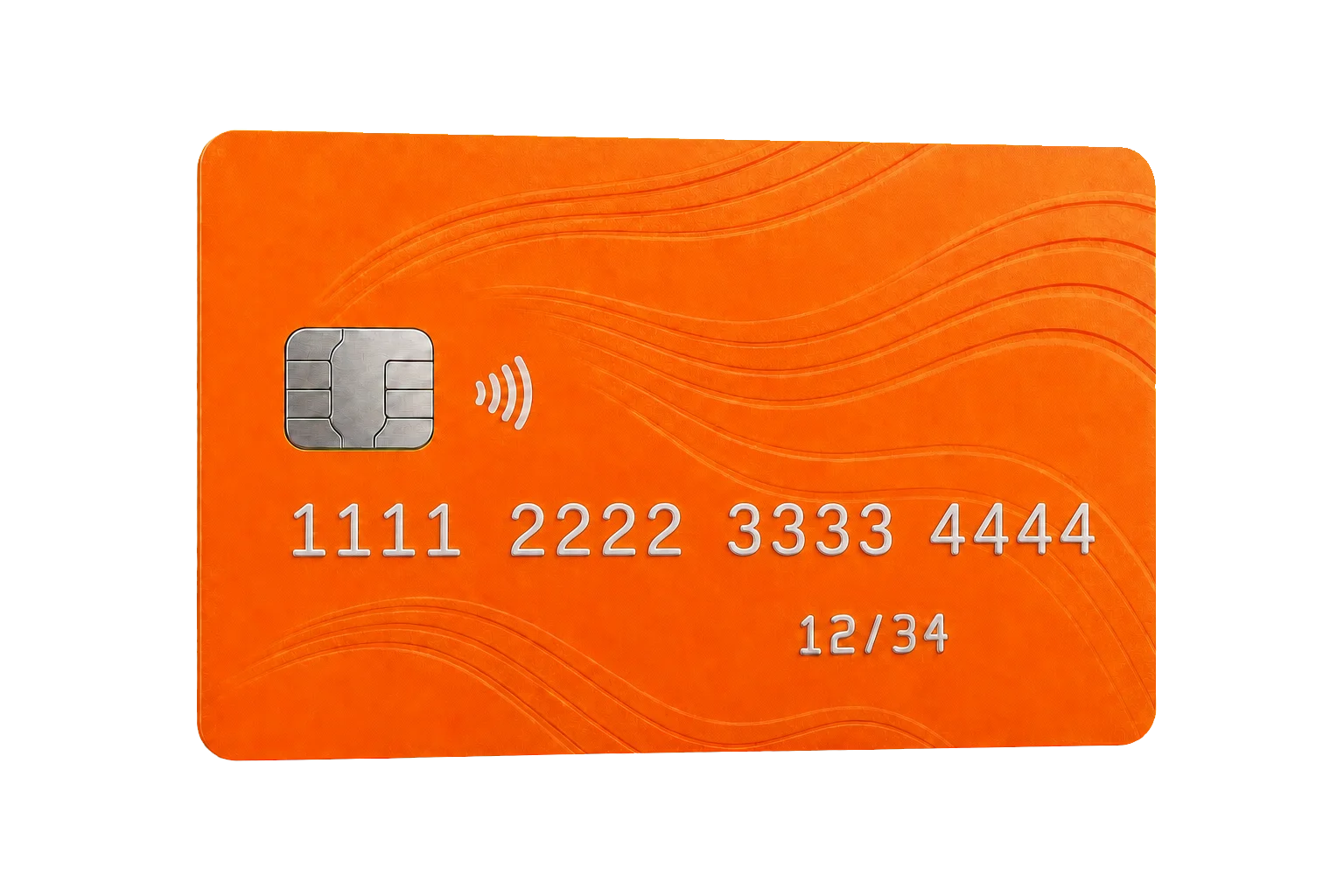 Ilustração de um cartão bancário genérico laranja, com chip, aproximação e numeração fictícia