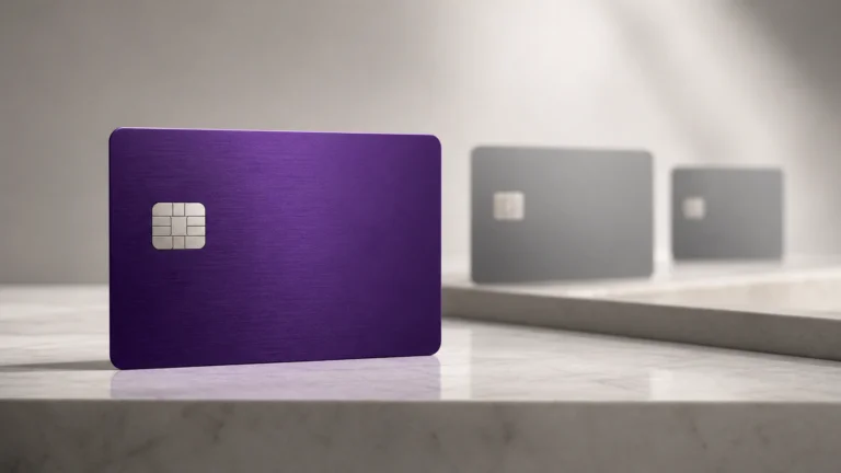 Cartão de crédito roxo genérico em destaque diante de dois cartões neutros