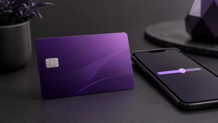 Cartão de crédito roxo genérico ao lado de celular com controle de limite abstrato