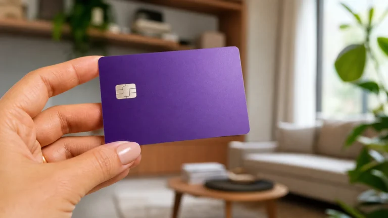 Mão segurando um cartão de crédito roxo sem marca em ambiente residencial