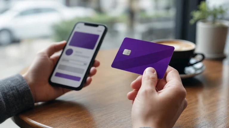 Pessoa segurando cartão roxo genérico enquanto utiliza o celular