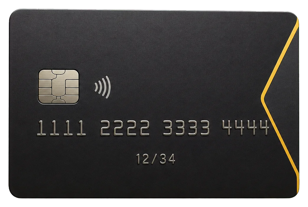 Ilustração de cartão bancário genérico preto e amarelo, com chip, aproximação e numeração fictícia