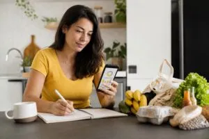 Pessoa organizando compras e finanças pelo celular para artigo sobre o PagBank Visa