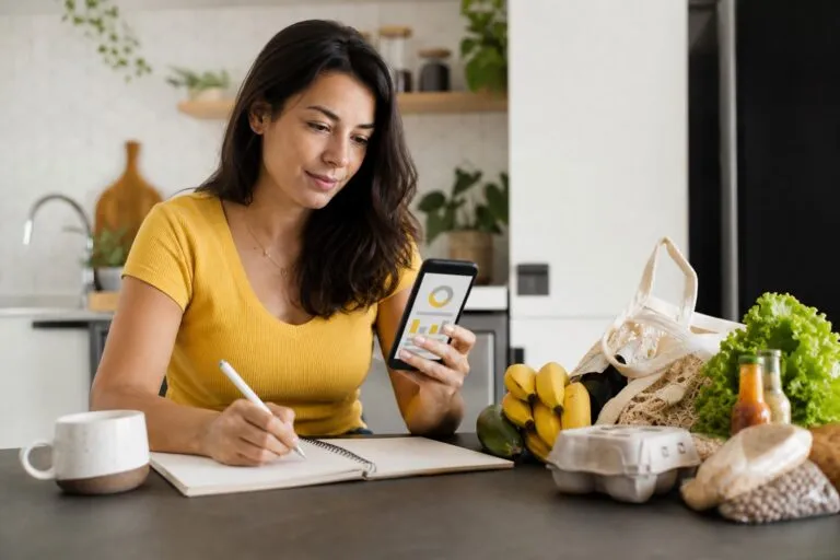 Pessoa organizando compras e finanças pelo celular para artigo sobre o PagBank Visa