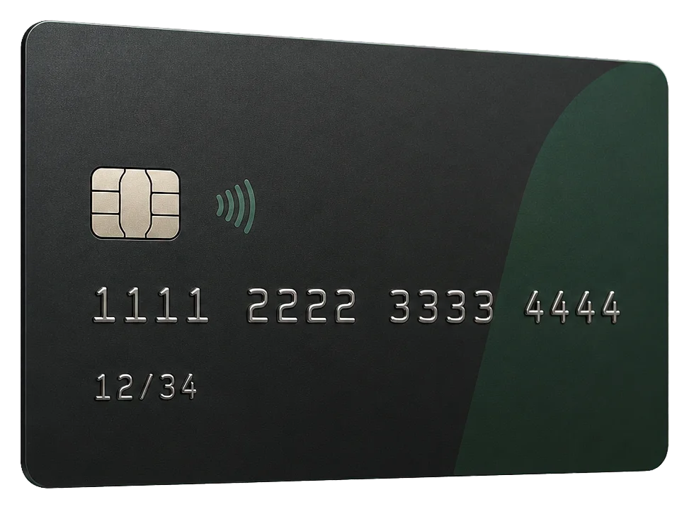 Ilustração de cartão bancário genérico preto e verde, com chip, aproximação e numeração fictícia