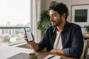 Pessoa organizando finanças pelo celular para artigo sobre o RecargaPay Mastercard
