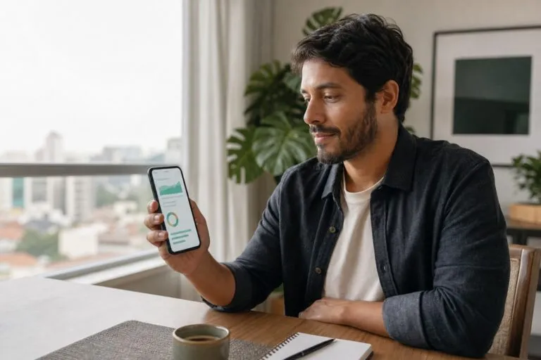 Pessoa organizando finanças pelo celular para artigo sobre o RecargaPay Mastercard